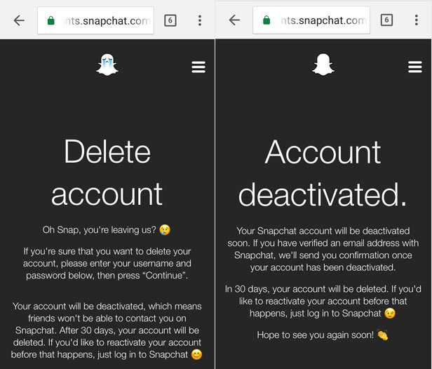 snapchat account deleted